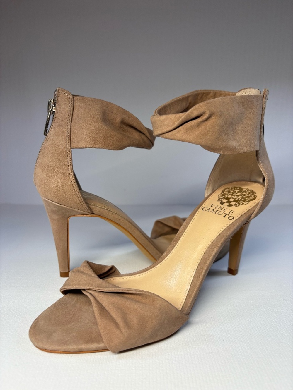 Vince Camuto Taupe Suede Twist Ankle Cuff Heels Sandals Size 7M